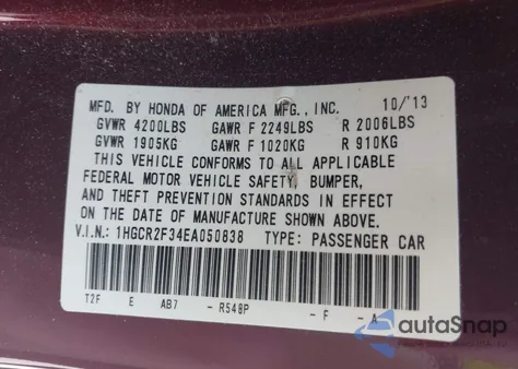 2014 Honda Accord Lx from USA, damaged, VIN 1HGCR2F34EA050838